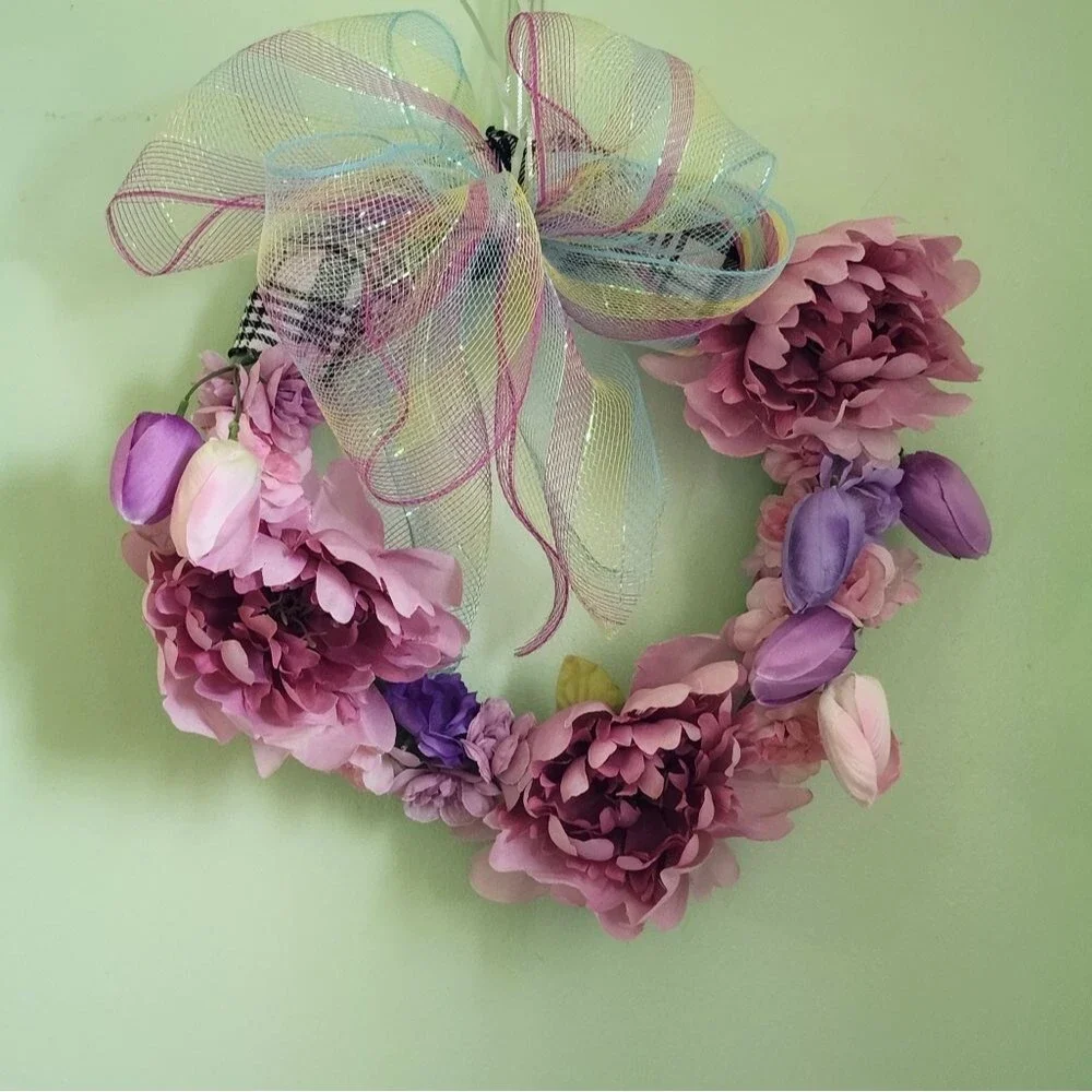Hand Crafted Pink Peony Tulip Floral Wreath  Spring Door Wall Decoration